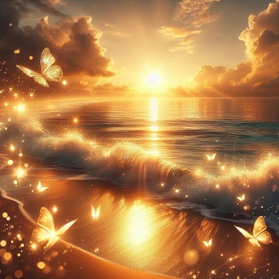 Golden butterflies dance on the beach at sunset