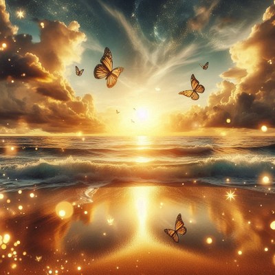 Butterflies fly over the ocean at sunset