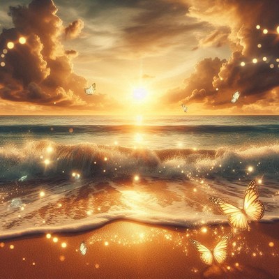 Butterflies fly at sunset over a golden beach