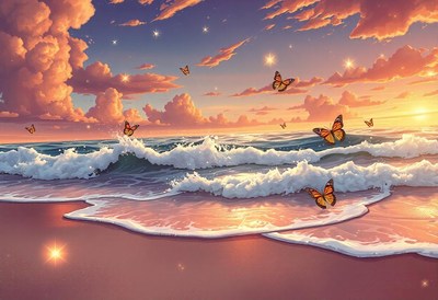 Butterflies fly over a beach at sunset