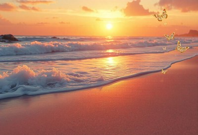 Butterflies fly over the beach at sunset