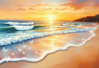 White butterflies fly over the ocean at sunset