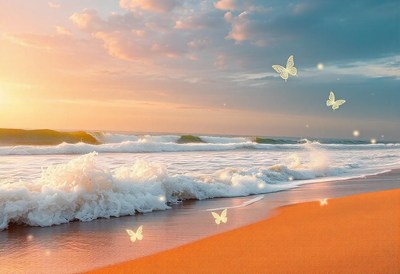 Butterflies fly over a sandy beach at sunset
