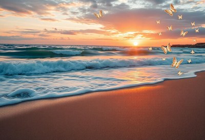 Butterflies fly over the ocean at sunset