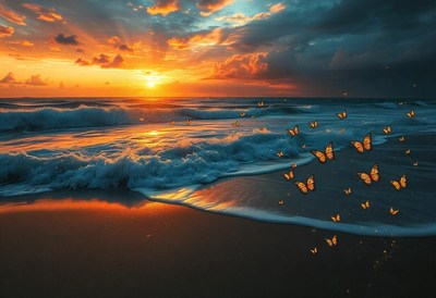 Butterflies dance over the waves at sunset