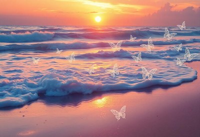 Butterflies flutter over a sandy beach at sunset