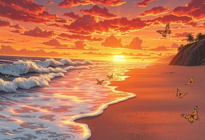 Butterflies fly at sunset over the beach