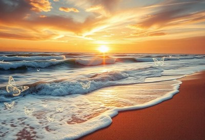 A sandy beach with foamy waves lapping at the shore