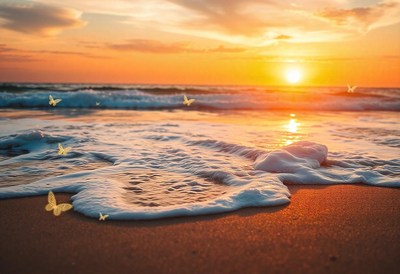 Sunset over the ocean, butterflies in the sky