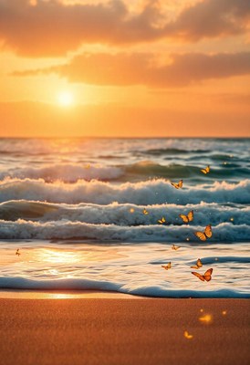 Butterflies fly over the ocean at sunset