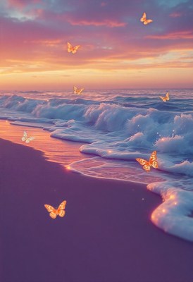 Butterflies flutter over the beach at sunset