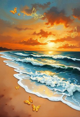 Butterflies fly over the ocean at sunset