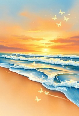 Butterflies fly over the ocean at sunset