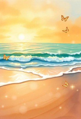 Butterflies fly over the ocean at sunset