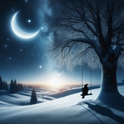 A person on a swing in a snowy field at night