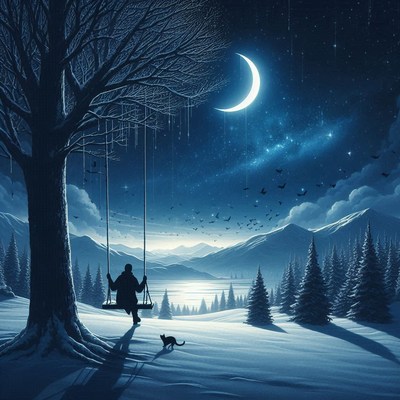 Swinging under a crescent moon in a snowy forest