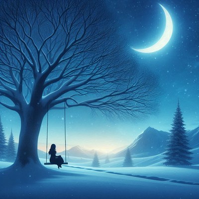 Girl on a swing under a snowy tree at night