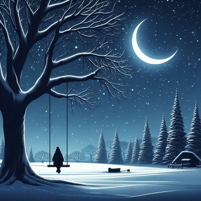 A person swings beneath a crescent moon in snow