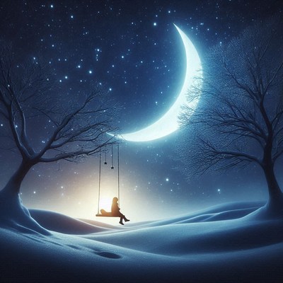 A woman sits on a swing under a crescent moon