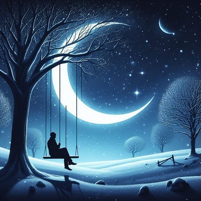 A man sits on a swing under a crescent moon