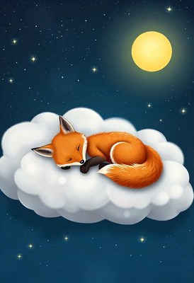A fox sleeps soundly on a cloud under a bright moon