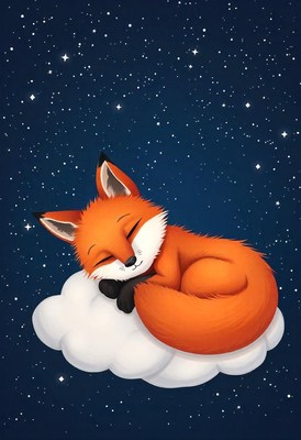 A cute fox sleeps on a cloud under a starry night sky