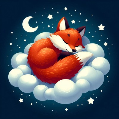 A fox sleeps peacefully on a cloud under a starry night sky