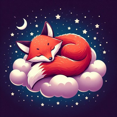 A red fox dreams on a cloud under stars