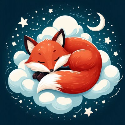 A fox sleeps peacefully on a cloud under a starry night sky