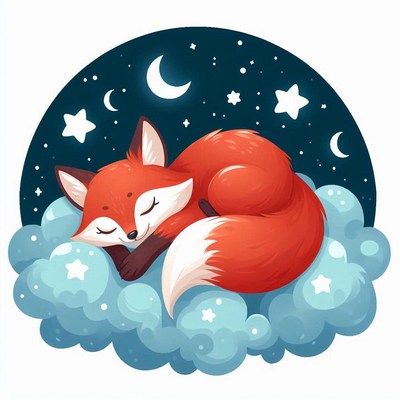 A fox sleeps soundly on a cloud under a starry night sky