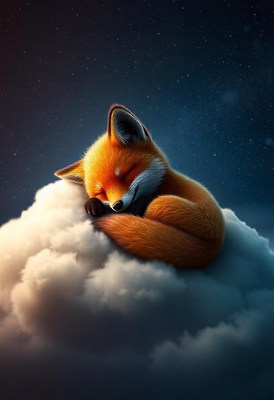A fox sleeps soundly on a cloud under a starry sky