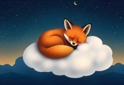 A fox sleeps peacefully on a cloud under a starry night sky