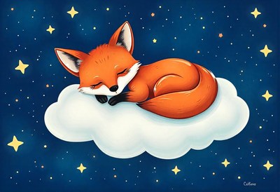 A red fox sleeps on a cloud in a starry night