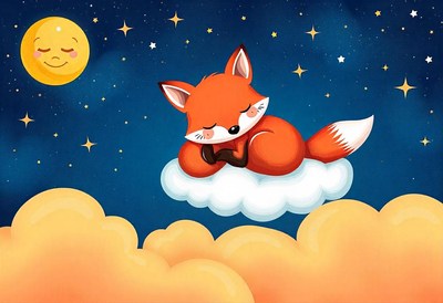 A fox sleeps soundly on a cloud under the starry night sky