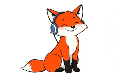 A smiling fox with headphones enjoys music