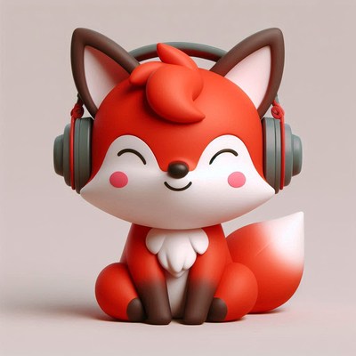 A cute red fox wearing headphones sits and smiles
