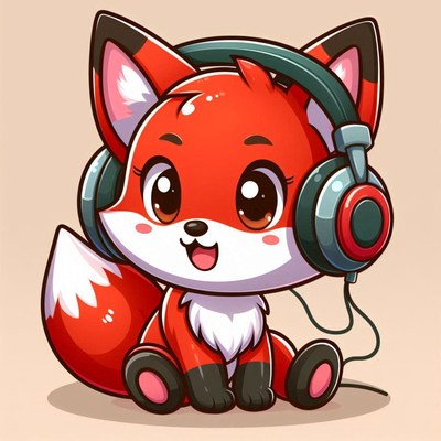 A cute fox wearing headphones sits happily