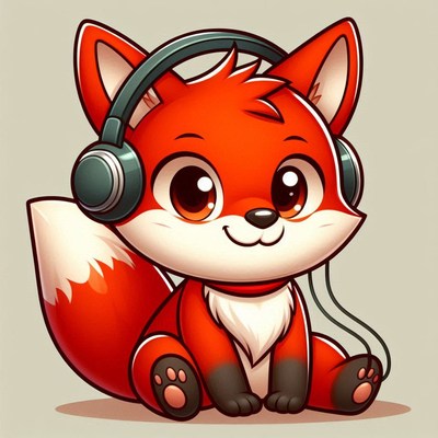 A cute fox is listening to music with headphones