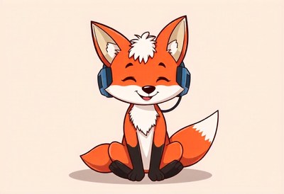 Happy fox in headphones on pink background