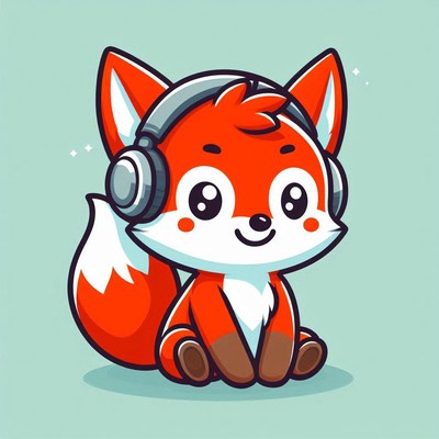 A cartoon fox wearing headphones is sitting