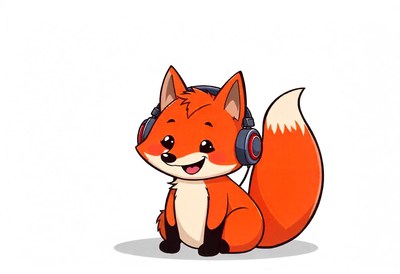 A cute fox wearing headphones sits on a white background