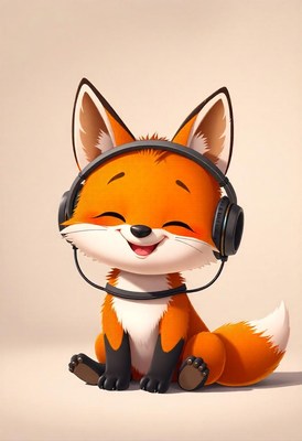 A happy fox wearing headphones sits on a white surface