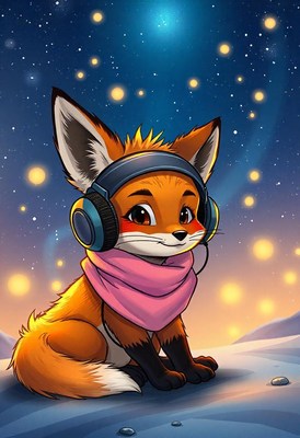 A fox wearing headphones and a scarf sits under a starry sky