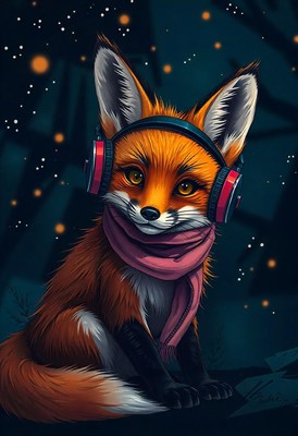 A cute fox in headphones sits in a dark forest