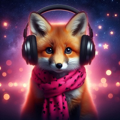 A fox in headphones and a scarf enjoys music