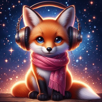 Headphone-wearing fox under a starry sky