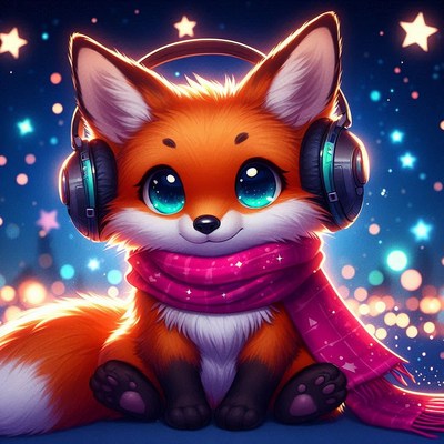 A fox in headphones and a scarf under the stars