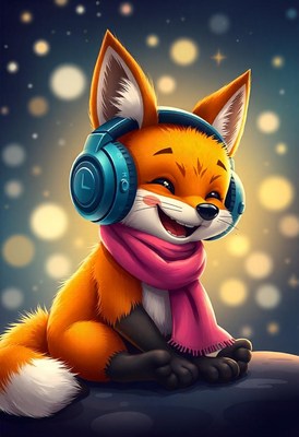 A happy fox with headphones enjoys winter music