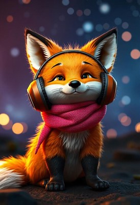 Adorable fox in headphones and scarf in warm light
