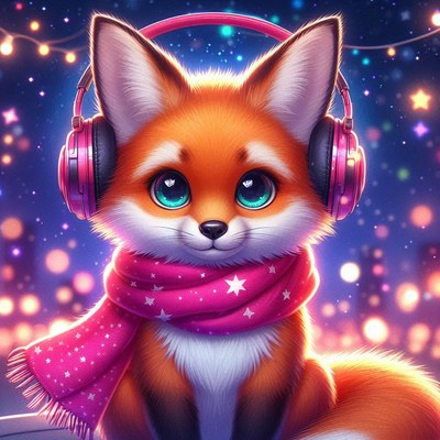 A cute fox wearing headphones and a scarf